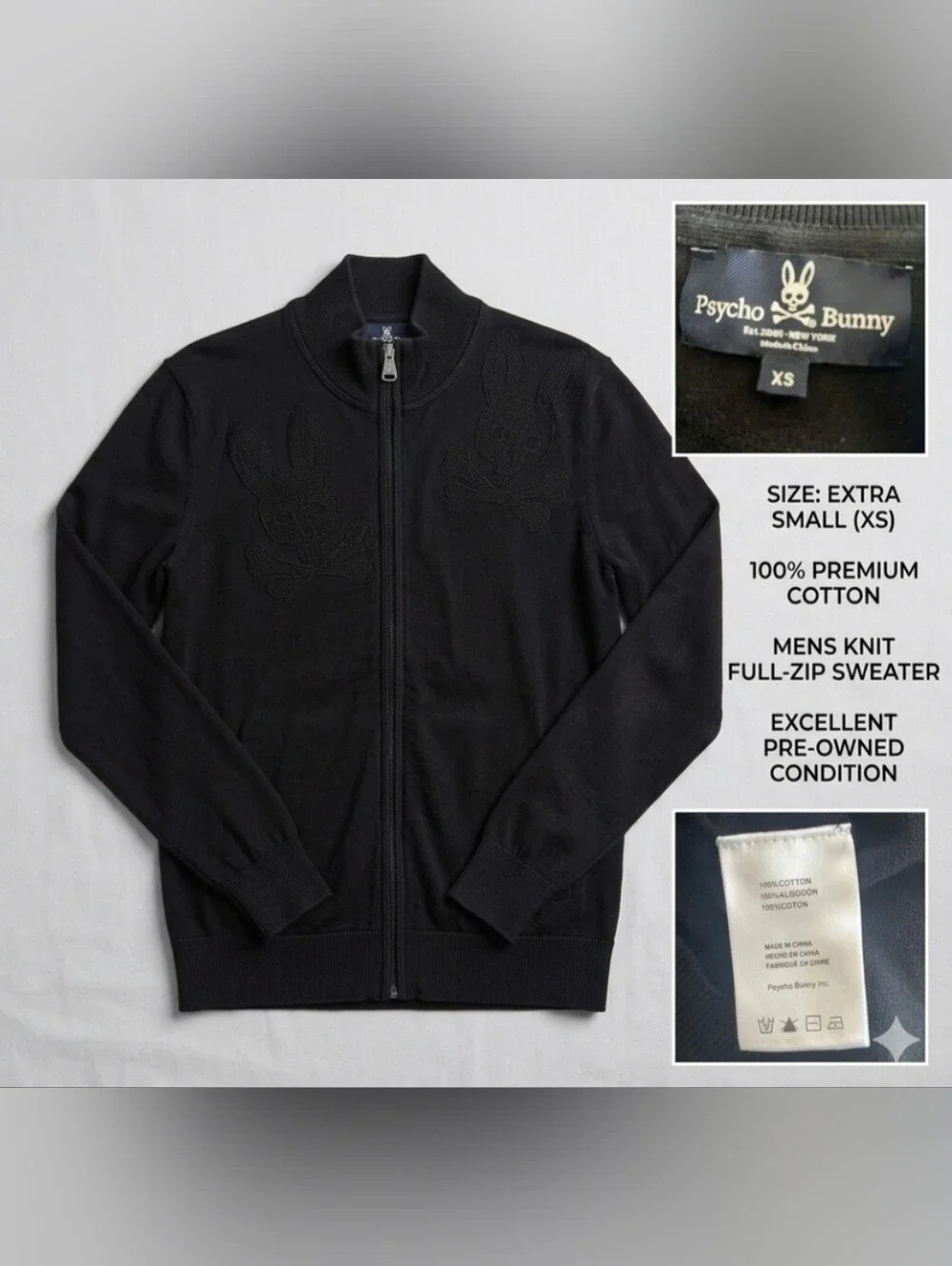 Psycho Bunny Men’s Black Full Zip Cotton Knit Cardigan Sweater Jacket XS